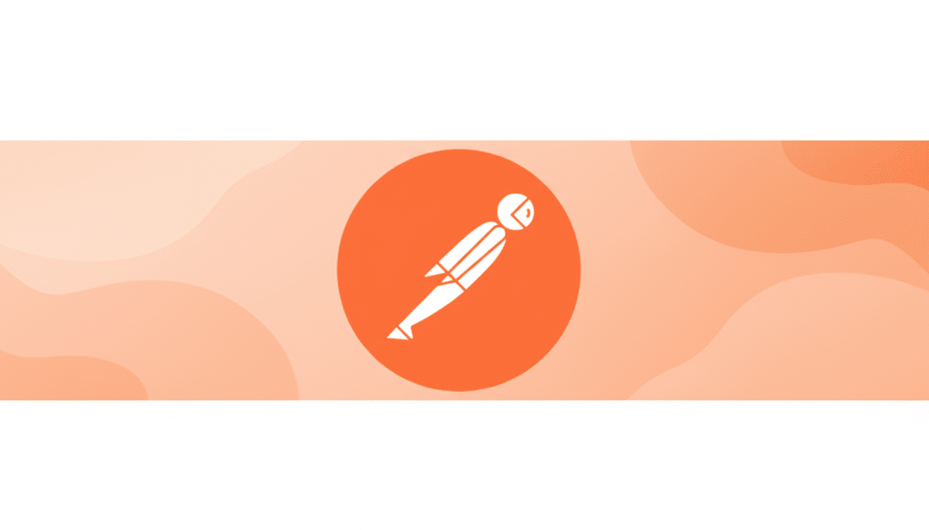 A white icon of a person in a diving or flying pose, enclosed in an orange circle, set against a professional flat design background with soft orange and white wavy patterns.