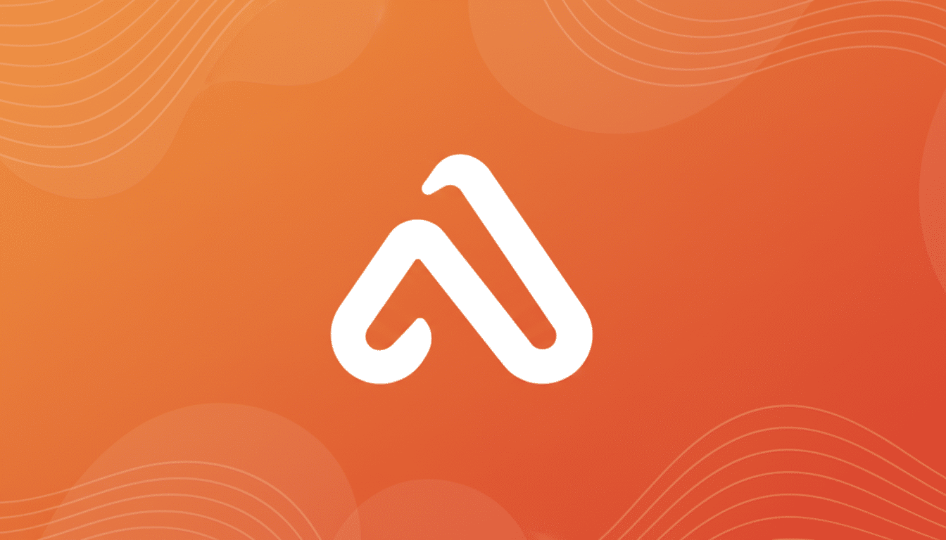 A white stylized letter A logo on an orange background with subtle wave patterns.