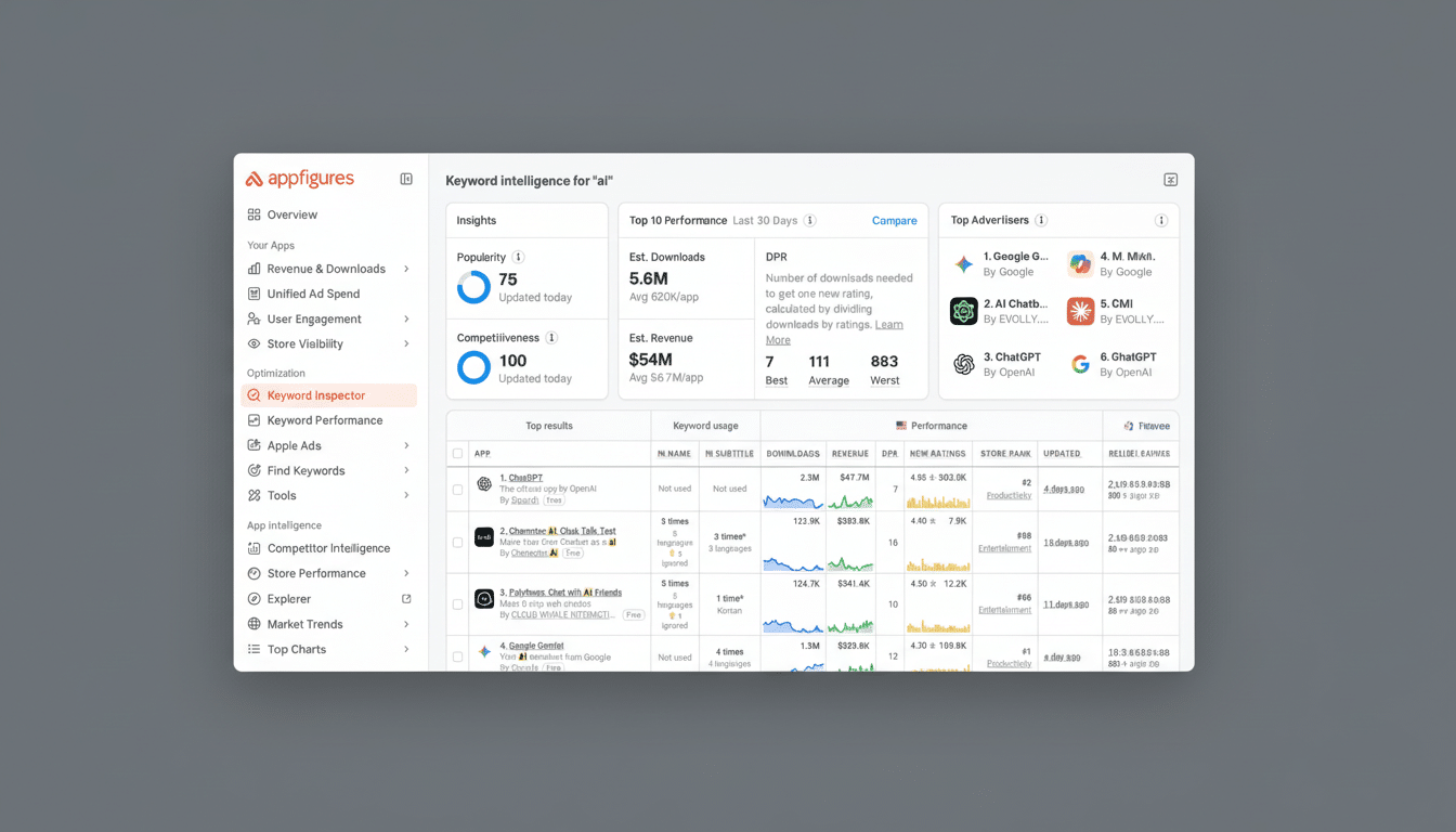 A professional screenshot of the Appfigures Keyword Inspector dashboard, displaying keyword intelligence for ai with various metrics, top-performing apps, and top advertisers. The interface is clean and modern, presented on a soft gray background.