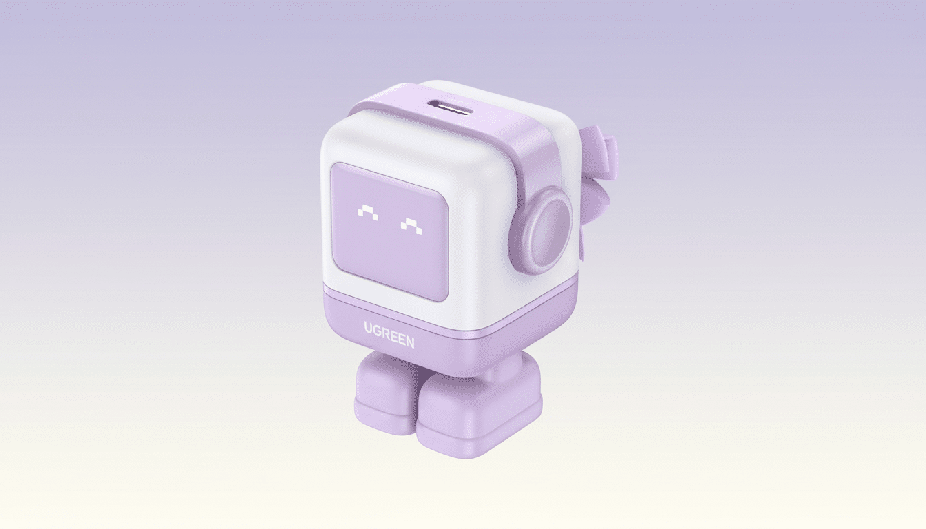 A UGREEN robot-shaped charger in white and lavender, with a screen displaying a simple face, set against a soft gradient background.