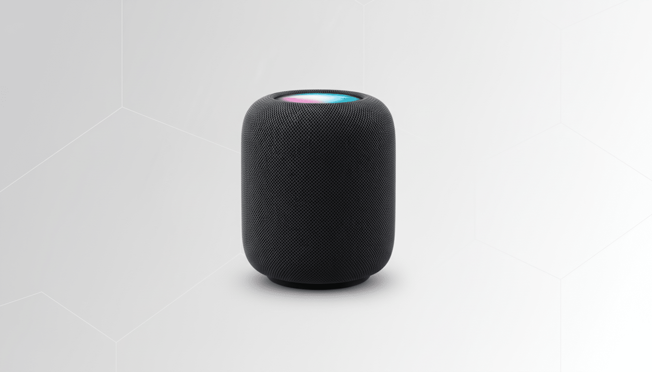 A black HomePod smart speaker with a colorful light on top, set against a professional flat design background with soft patterns and gradients.