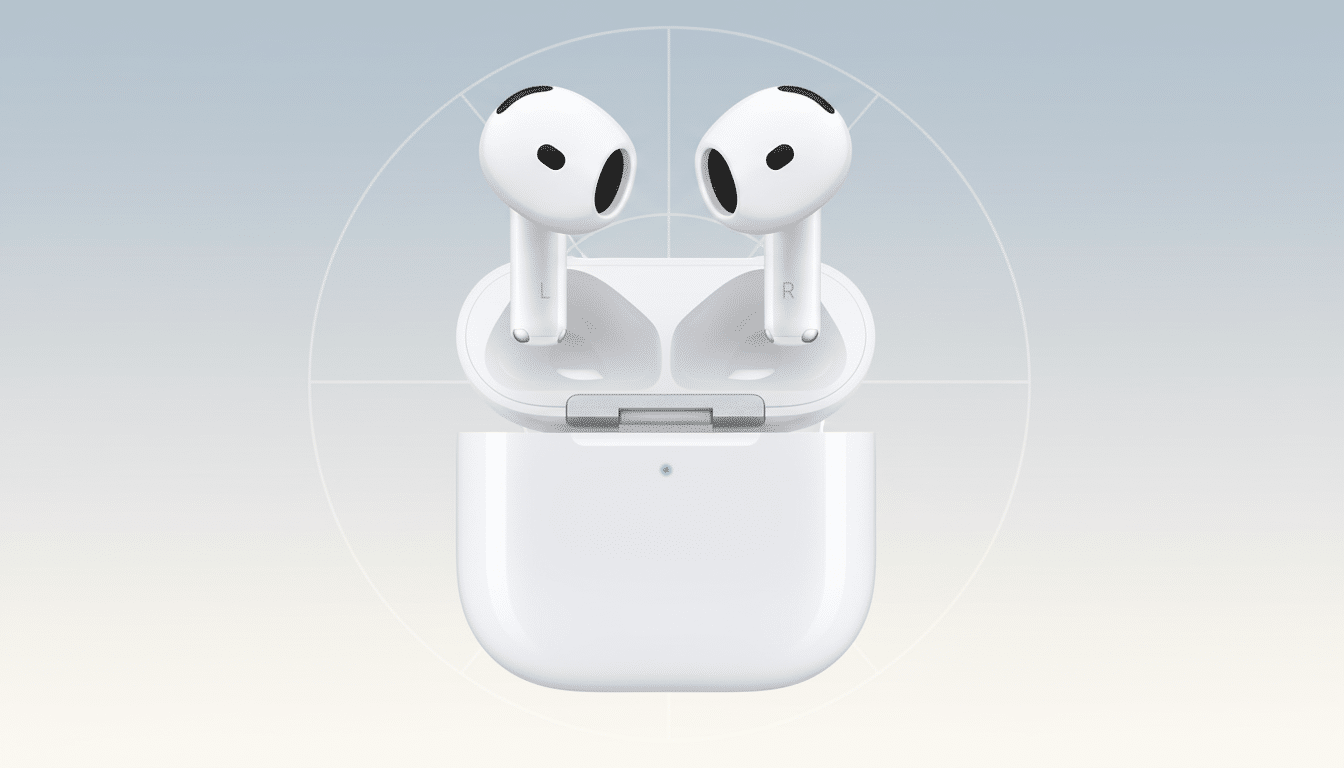 A pair of white wireless earbuds in their open charging case, presented on a professional flat design background with soft gradients and subtle circular patterns.