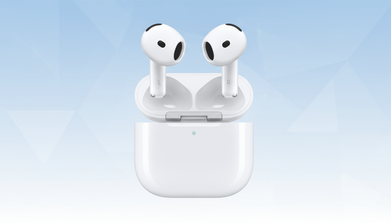 A pair of white Apple AirPods (3rd generation) with their charging case, presented on a professional light blue gradient background with subtle geometric patterns.