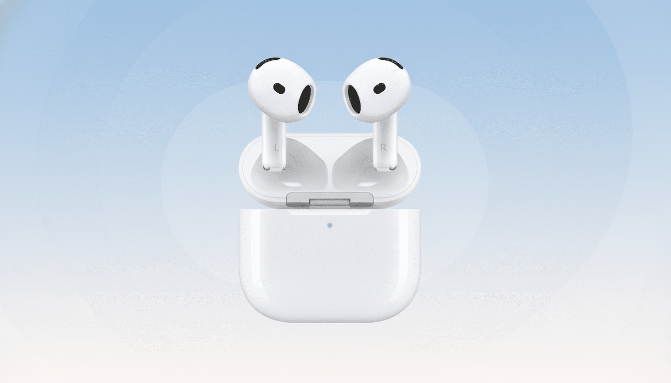 A pair of white Apple AirPods (3rd generation) with their charging case, presented on a professional flat design background with soft blue and white gradients.