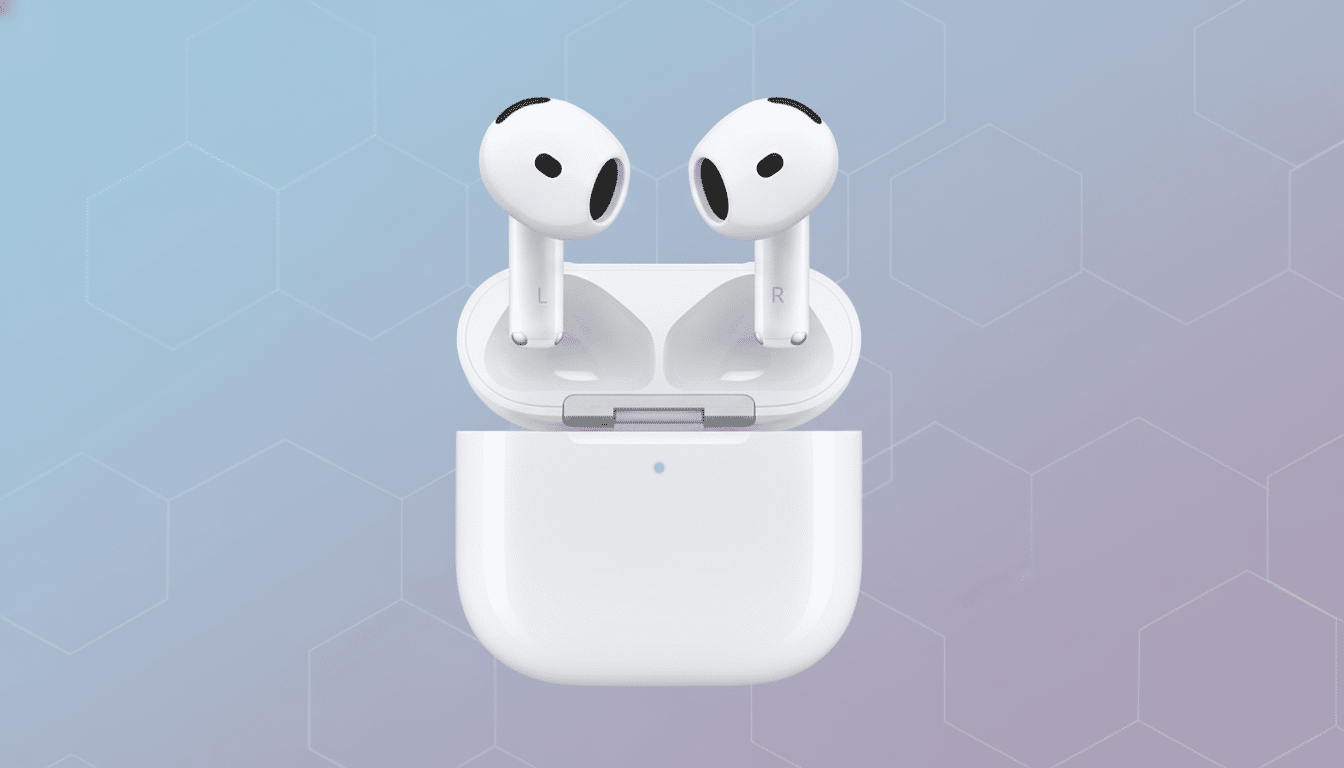 A pair of white wireless earbuds in their open charging case, presented against a professional flat design background with soft hexagonal patterns and a blue and purple gradient.