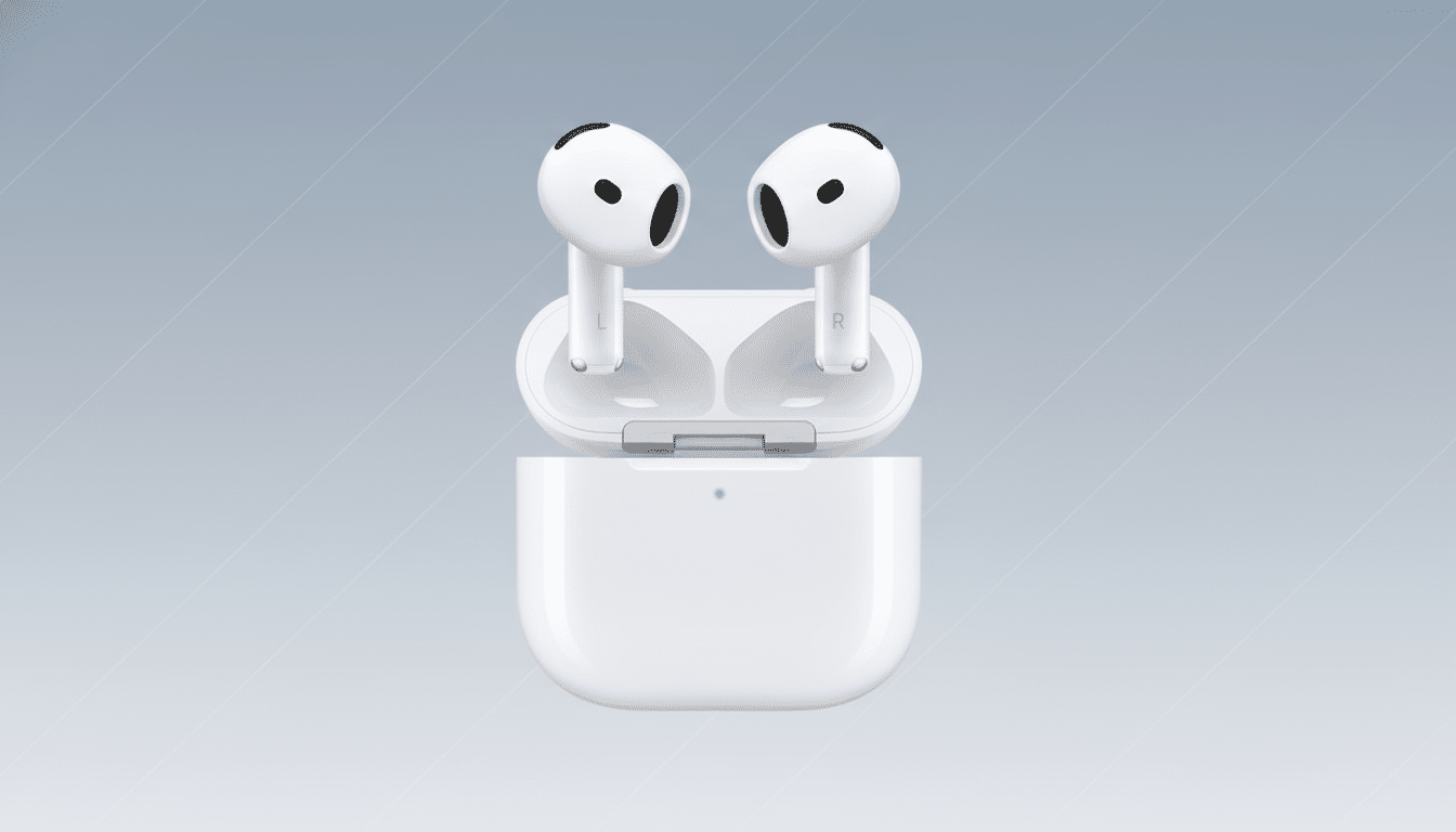 A pair of white wireless earbuds in their open charging case, presented on a professional flat design background with soft patterns and gradients.