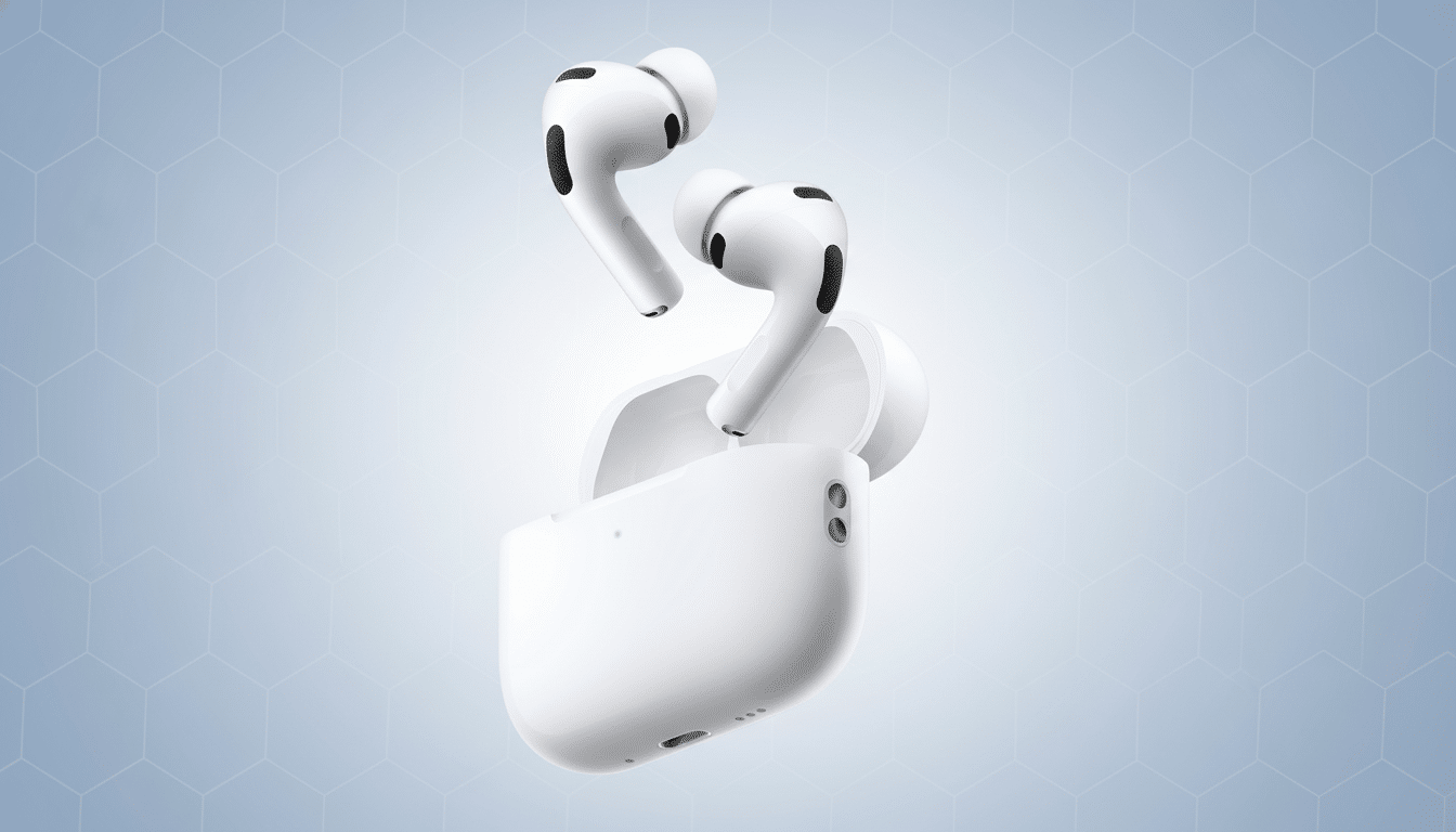 A pair of white wireless earbuds are shown with their charging case, set against a professional light blue background with a subtle hexagonal pattern.