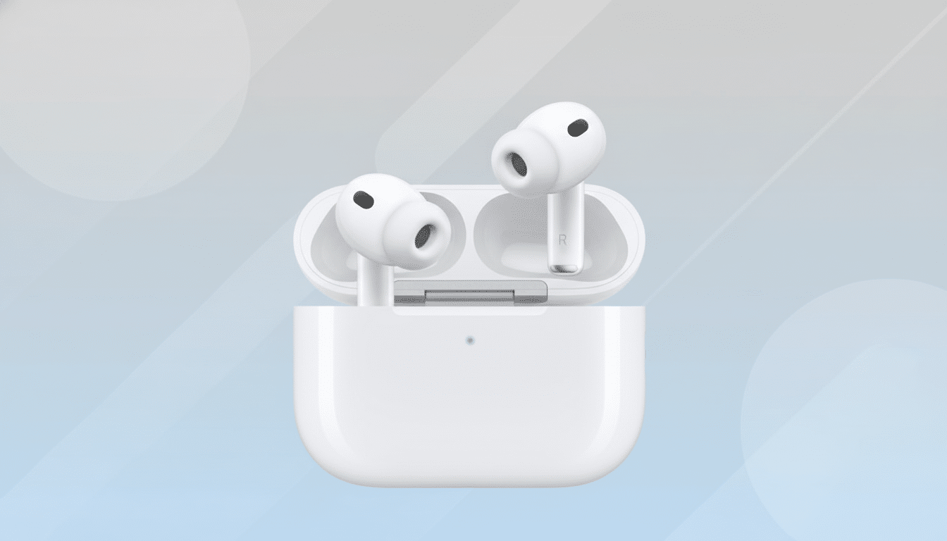 A pair of white wireless earbuds in their open charging case, presented against a professional flat design background with soft patterns and gradients.