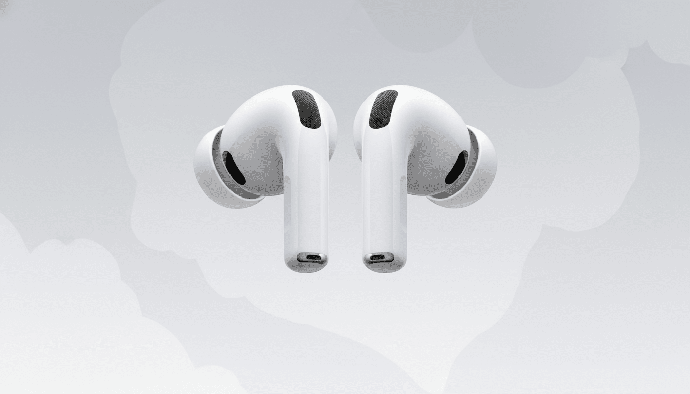 A pair of white wireless earbuds with black accents, presented against a professional flat design background with soft gray gradients and subtle cloud-like patterns.