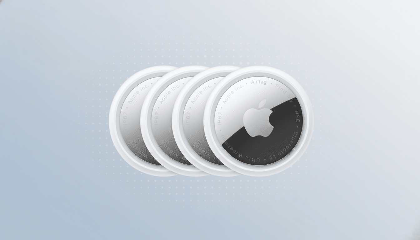 Four Apple AirTags are arranged in a slightly overlapping row against a professional flat design background with a soft blue-grey gradient and subtle dot patterns.