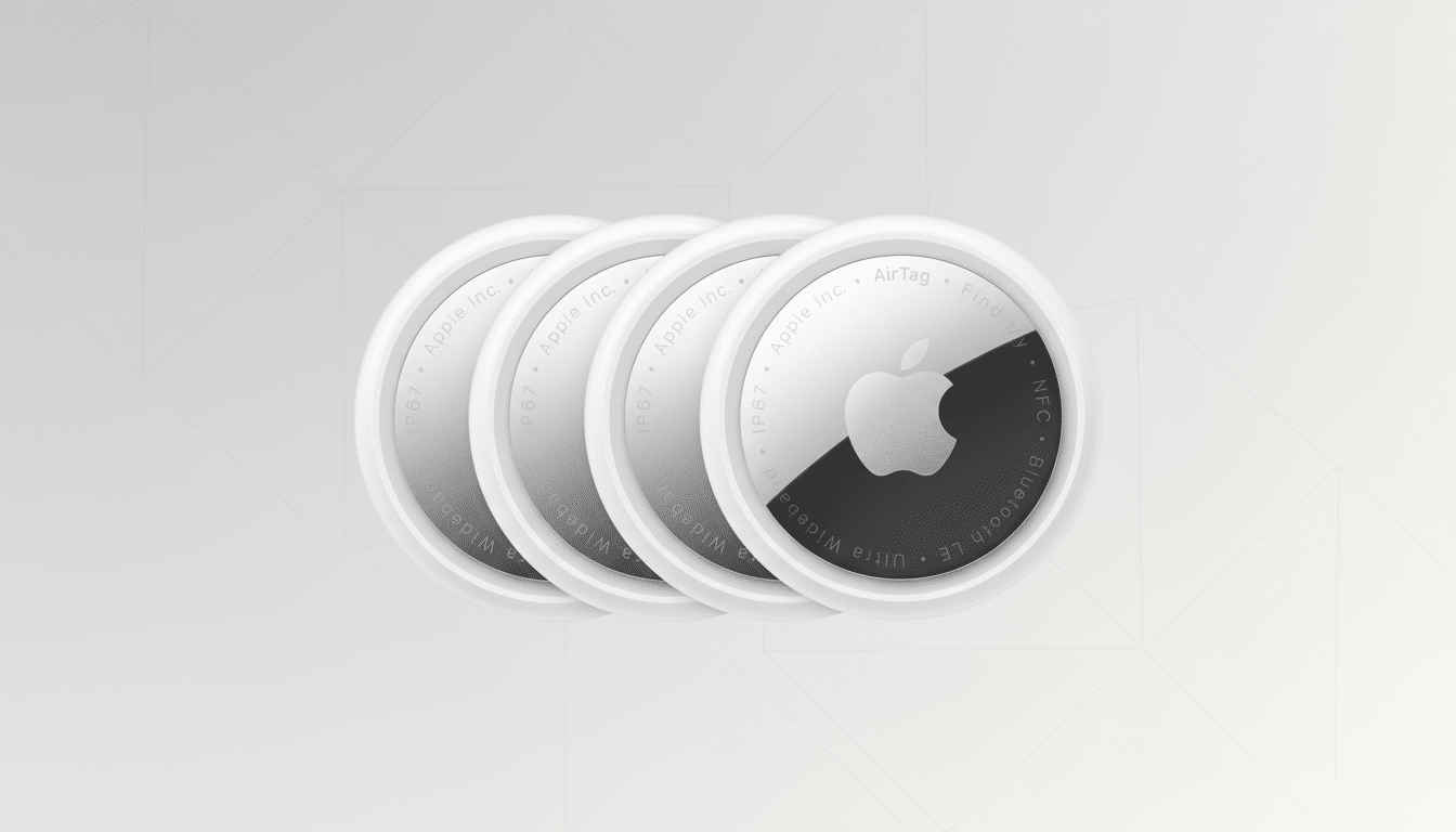 Four Apple AirTags are displayed in a row, with the front-most AirTag showing its silver and black design with the Apple logo and text details. The background is a professional flat design with soft gray patterns.