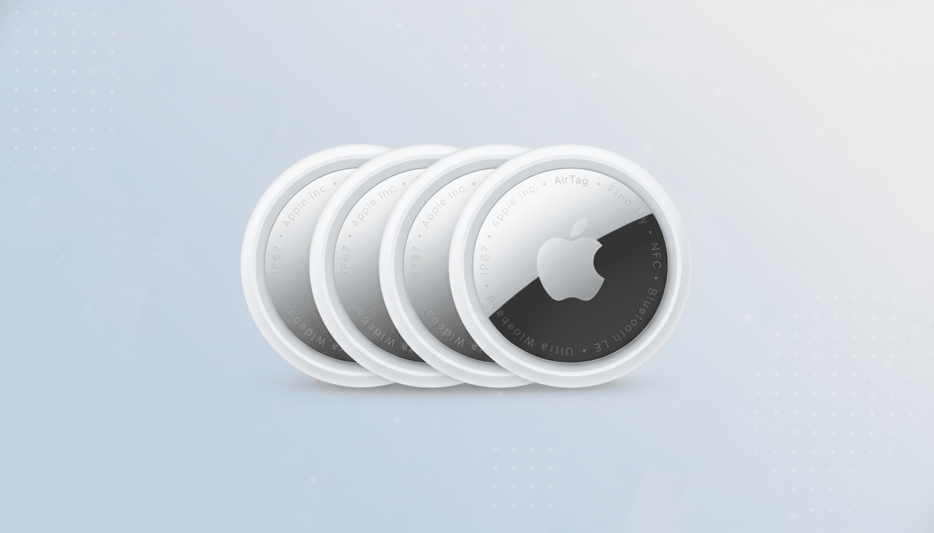 Four Apple AirTags are arranged in a slight overlap, with the frontmost AirTag showing its silver and black design with the Apple logo, against a professional light blue gradient background with subtle dot patterns.