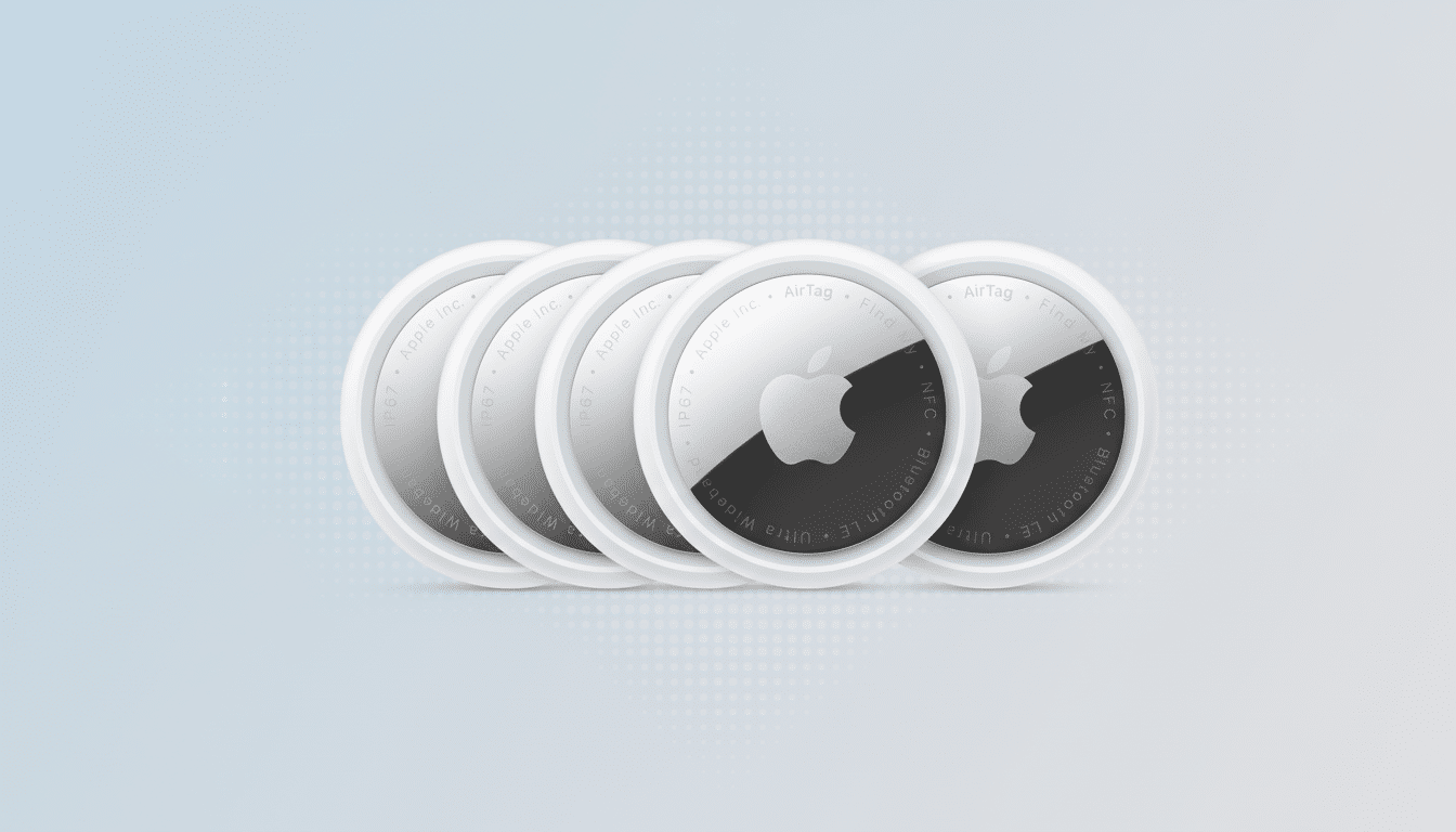 A professional 16:9 aspect ratio image of four Apple AirTags, with a light blue gradient background featuring subtle dot patterns.