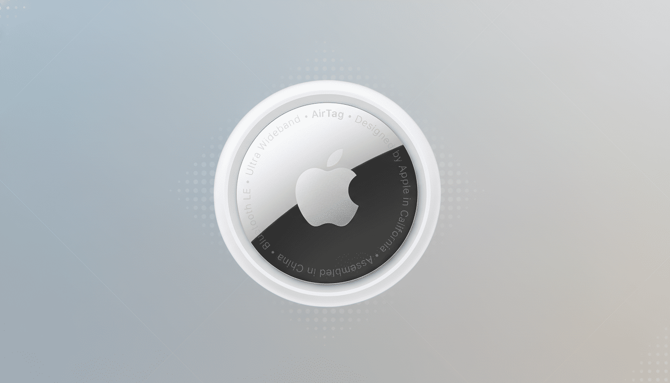 An Apple AirTag with a white outer ring and a silver and black center, featuring the Apple logo and text, set against a professional flat design background with soft gradients and subtle patterns.