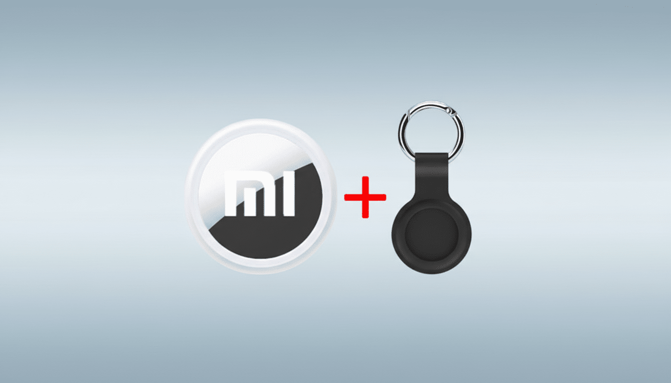 A Xiaomi AirTag-like device and a black silicone keychain holder, presented on a professional flat design background with a soft gradient.