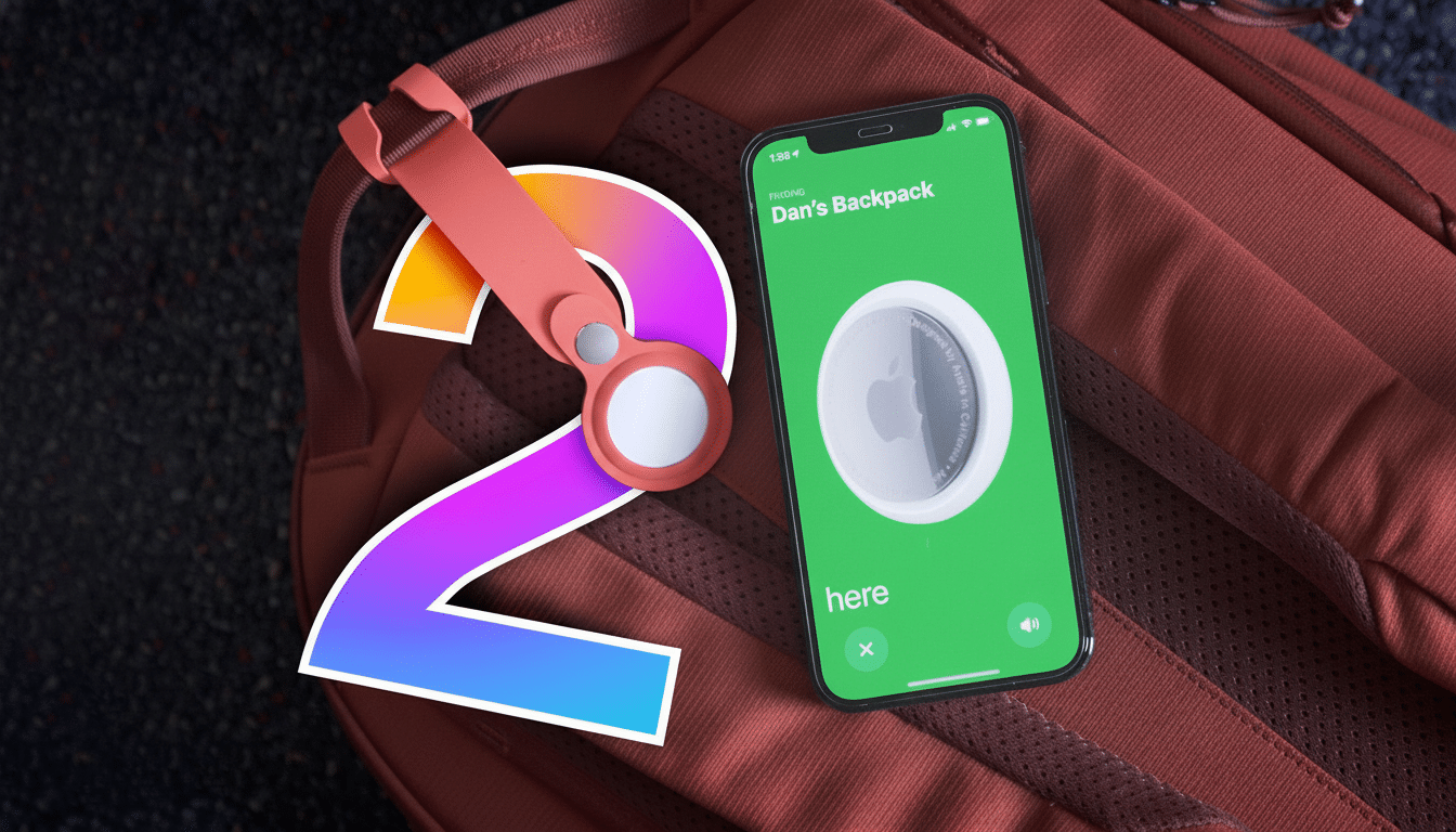 A smartphone displaying Dans Backpack and an AirTag on a green screen, next to a large, colorful number 2 and an orange AirTag holder, all resting on a brown backpack.