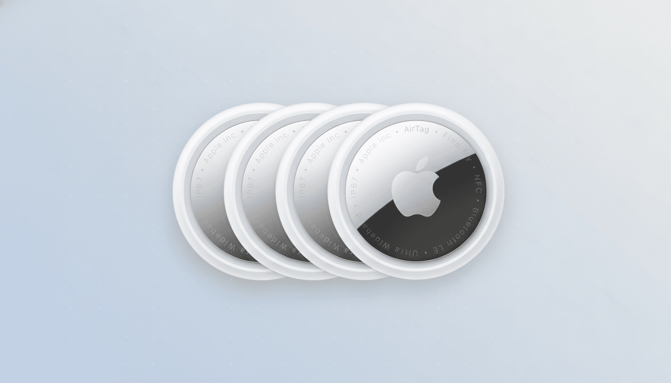 Four Apple AirTags are displayed in a row, with the frontmost AirTag showing its silver and white design with the Apple logo. The background is a soft, light blue gradient with subtle geometric patterns.