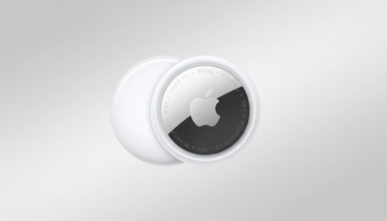 An Apple AirTag on a professional flat design background with soft gradients, resized to a 16:9 aspect ratio.
