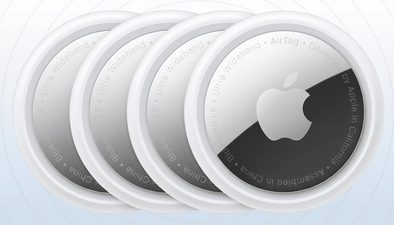 Four Apple AirTags are displayed in a row, with the frontmost AirTag showing its white and silver design with the Apple logo.