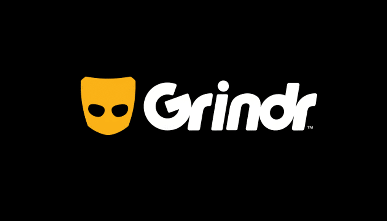 The Grindr logo, featuring a stylized yellow mask icon next to the word Grindr in white text, all set against a black background.