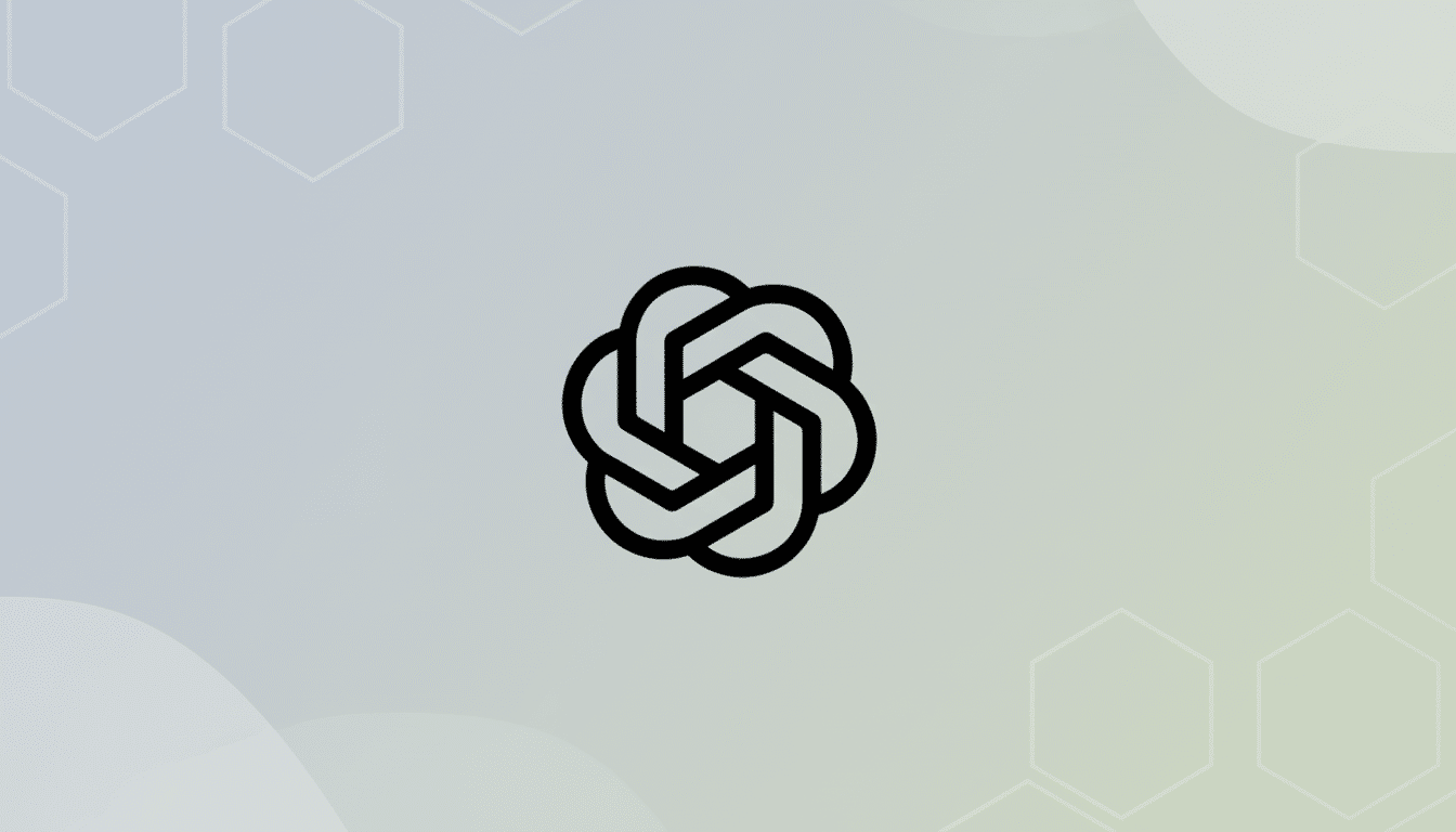 A black, stylized knot-like logo with six interwoven loops forming a hexagonal center, set against a professional flat design background with soft gray and green gradients and subtle geometric patterns.