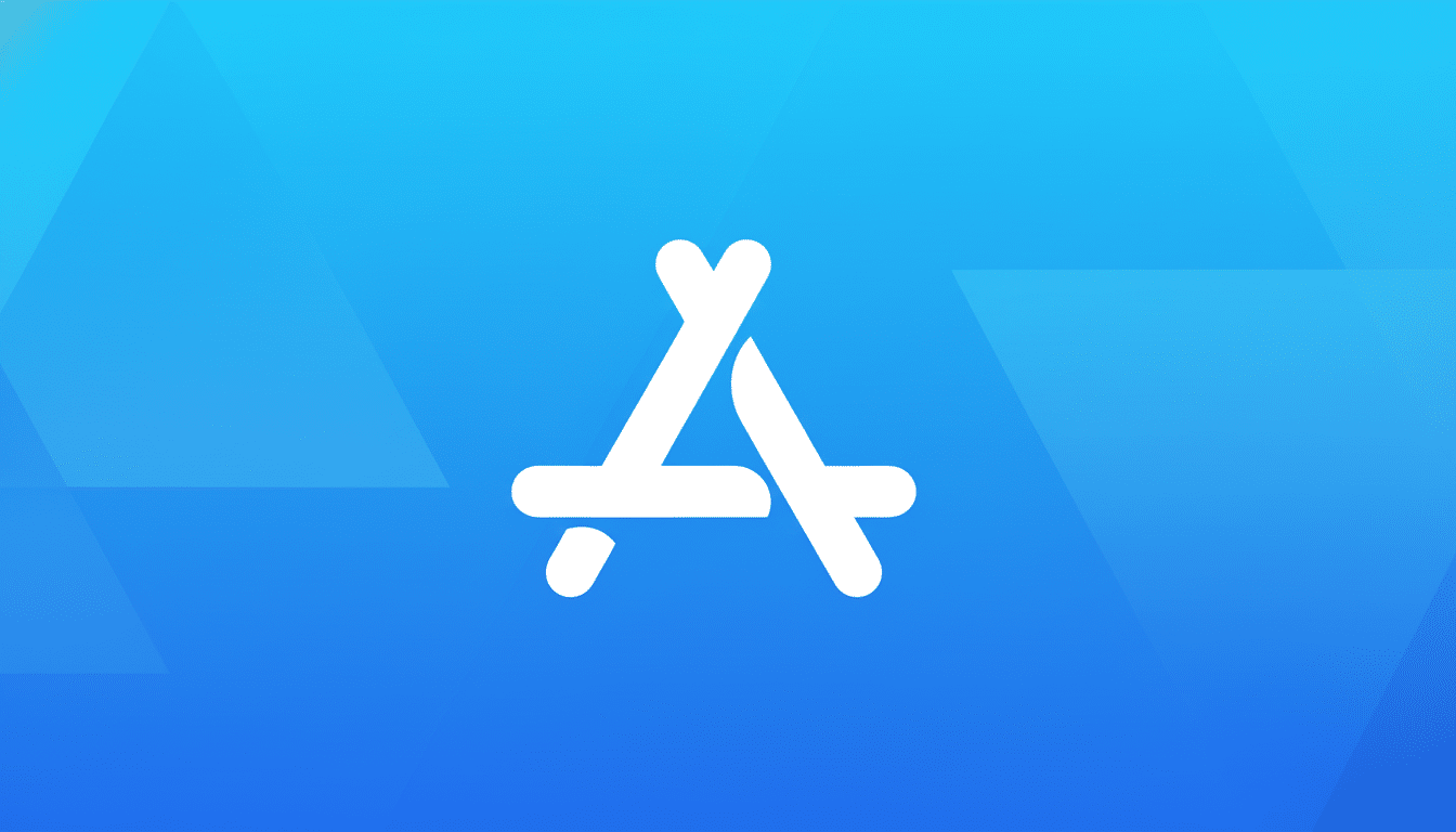The Apple App Store icon, a white stylized A made of three lines, centered on a blue gradient background with subtle geometric patterns.