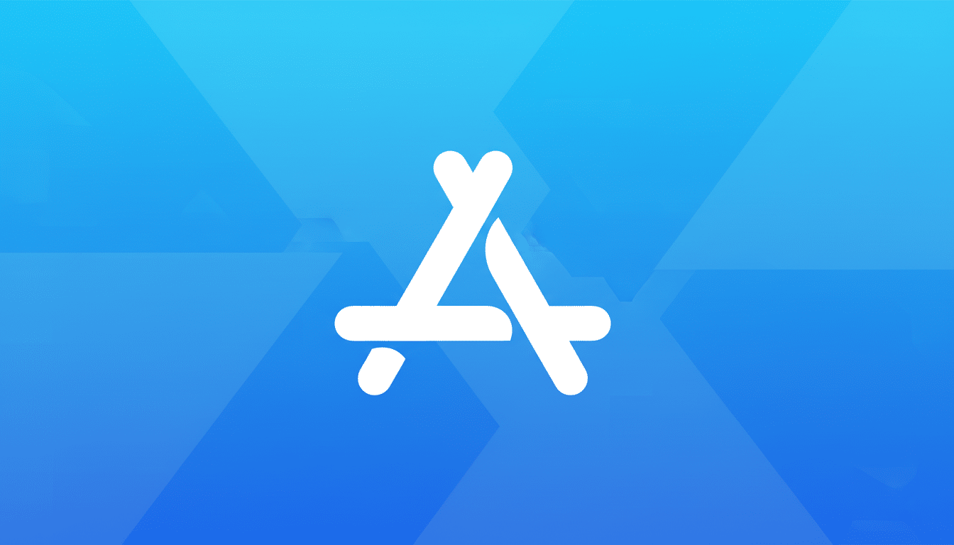 The App Store icon, a white stylized A made of three overlapping lines, centered on a blue gradient background with subtle geometric patterns.