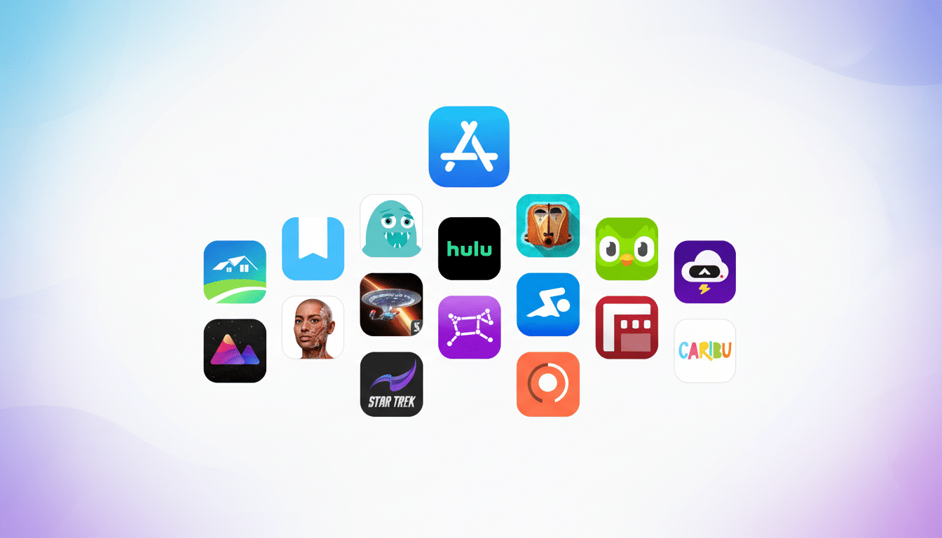 A collection of various app icons, including the App Store, Hulu, Duolingo, and Star Trek, arranged on a white background with a subtle, soft gradient pattern.
