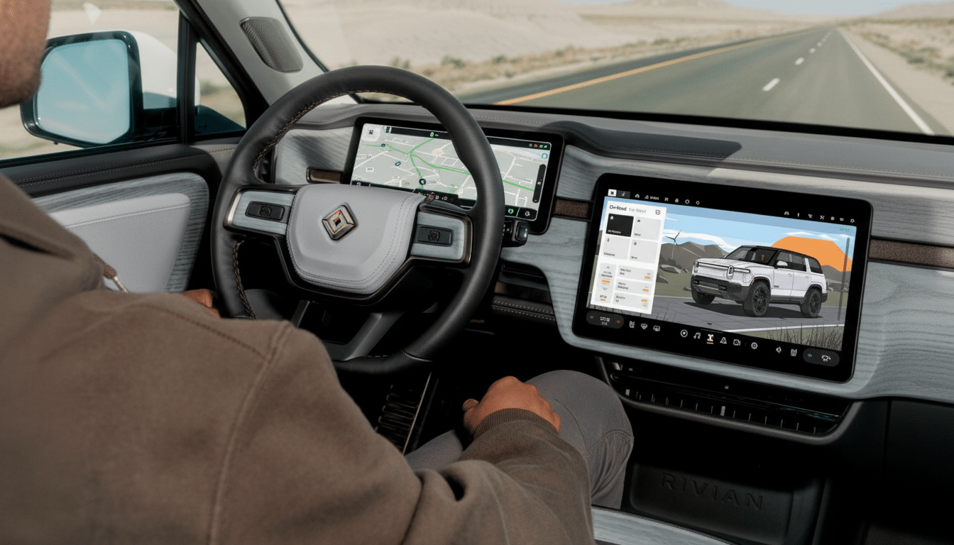 A person driving a Rivian electric vehicle, with the dashboard screens displaying navigation and vehicle information.