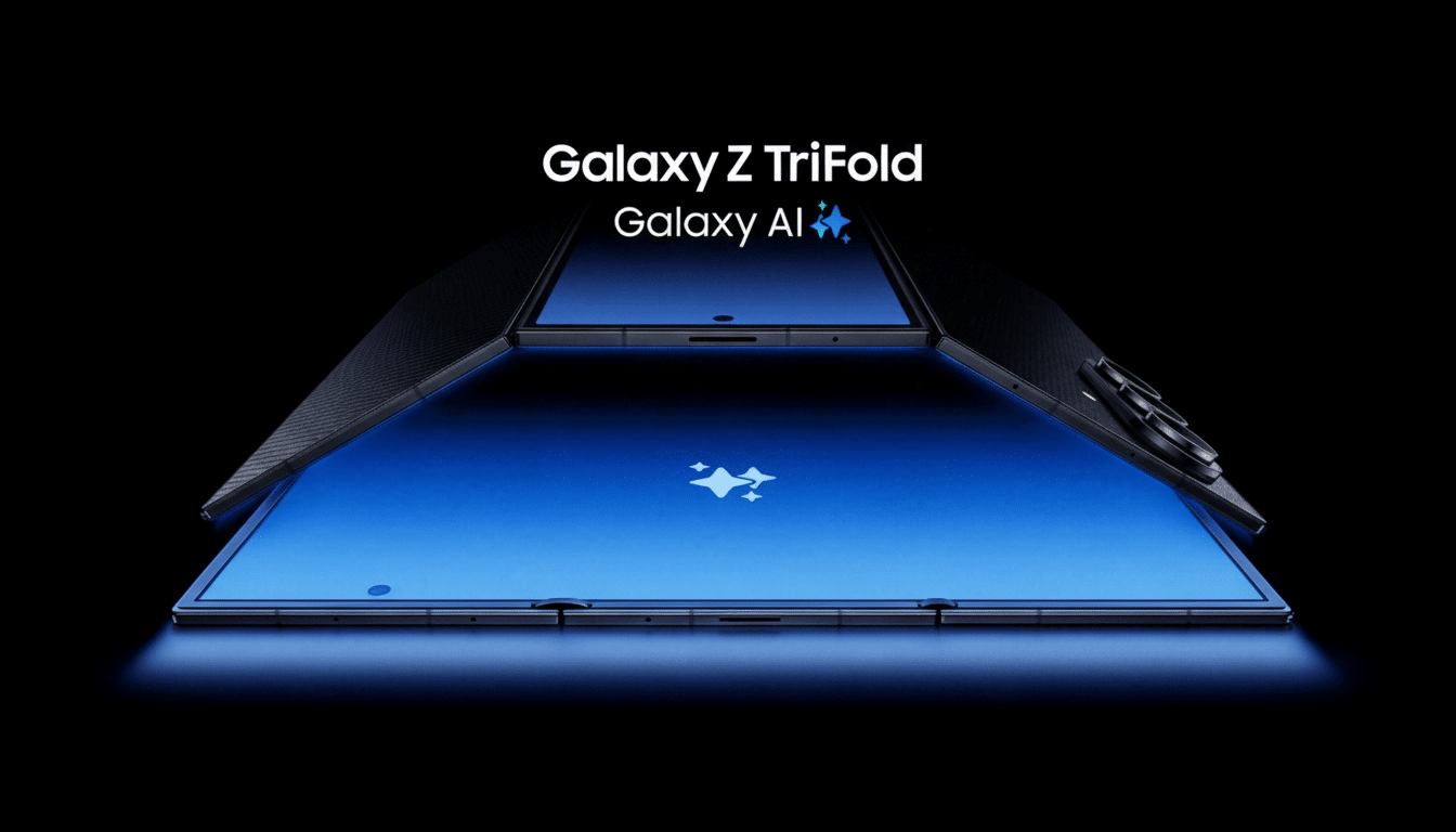 A Samsung Galaxy Z TriFold phone, partially unfolded, displaying a blue screen with a sparkling icon, against a dark background.