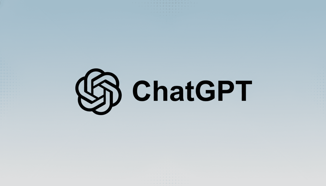 The ChatGPT logo, featuring a stylized black knot icon to the left of the word ChatGPT in black text, set against a professional light blue and grey gradient background with subtle dot patterns.