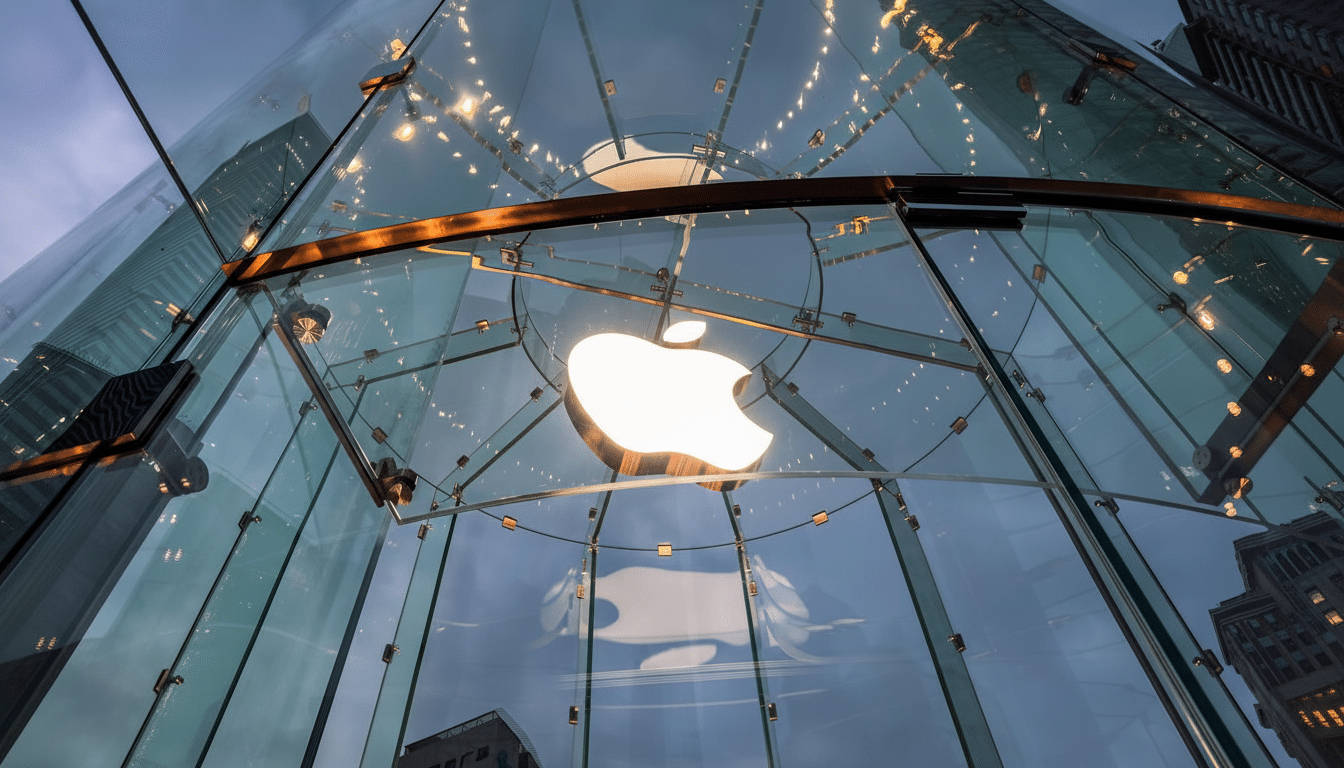 The Apple logo glows brightly within a modern glass structure, reflecting the surrounding architecture and sky.