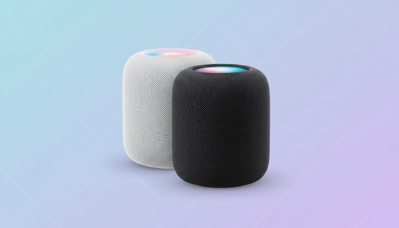 A white and a black HomePod smart speaker are shown on a professional flat design background with soft blue and purple gradients and subtle geometric patterns.