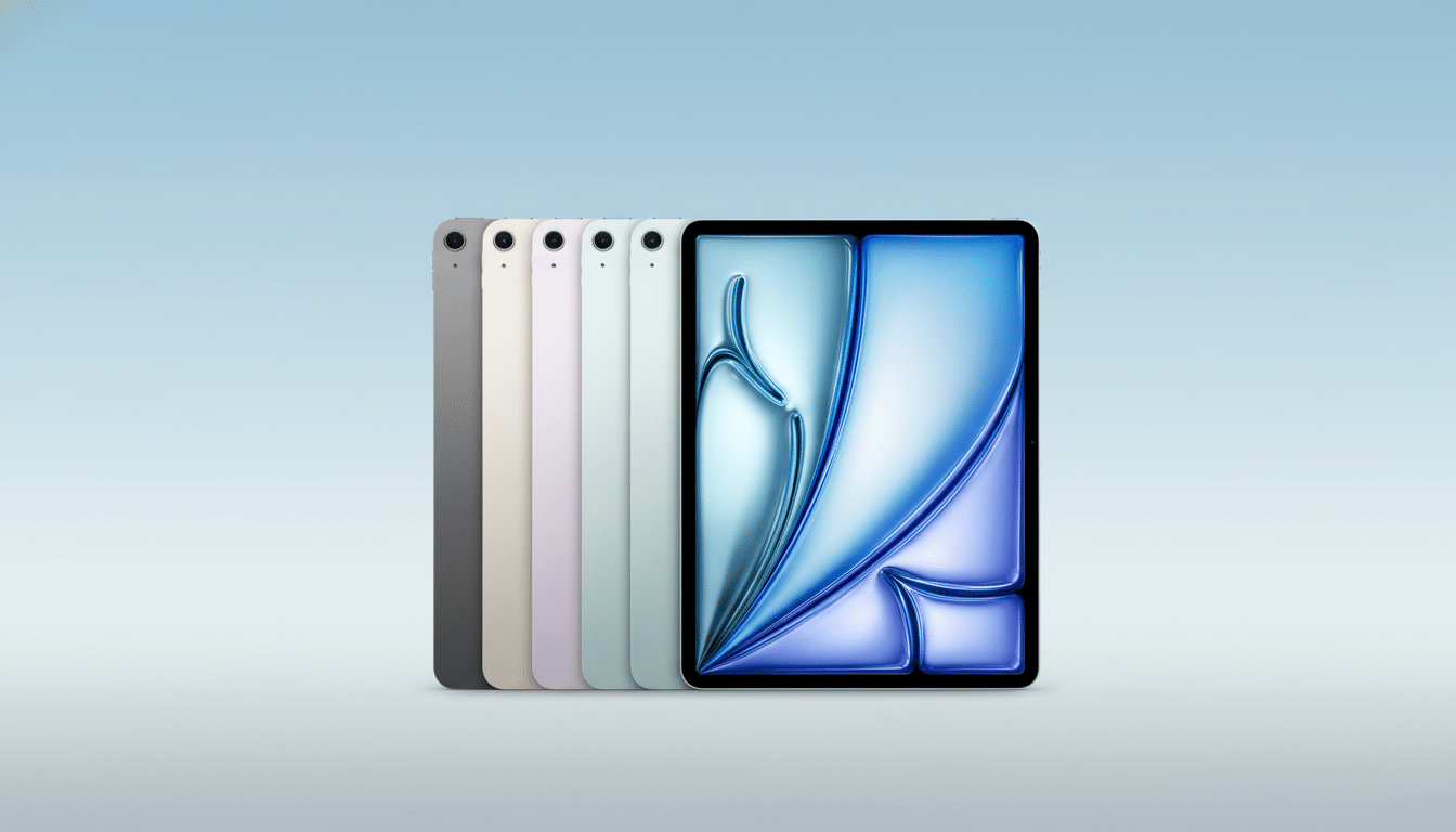 A row of five iPads in different colors (space gray, starlight, pink, purple, and blue) standing upright, with the blue iPad in the foreground displaying a blue and purple abstract wallpaper. The background is a soft, light blue gradient.