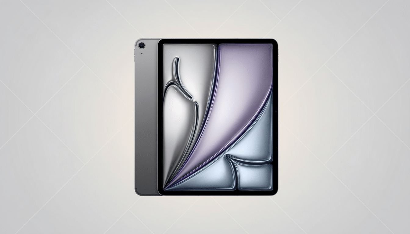 A gray iPad Pro with a screen displaying an abstract design in silver, purple, and blue, set against a light gray background with a subtle diagonal pattern.