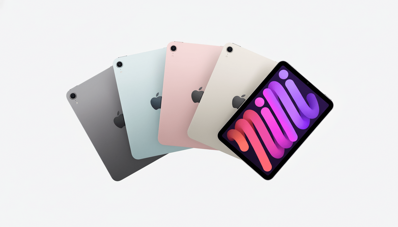 A 16:9 aspect ratio image of five iPad Minis in different colors (space gray, starlight, pink, purple) fanned out on a white background.