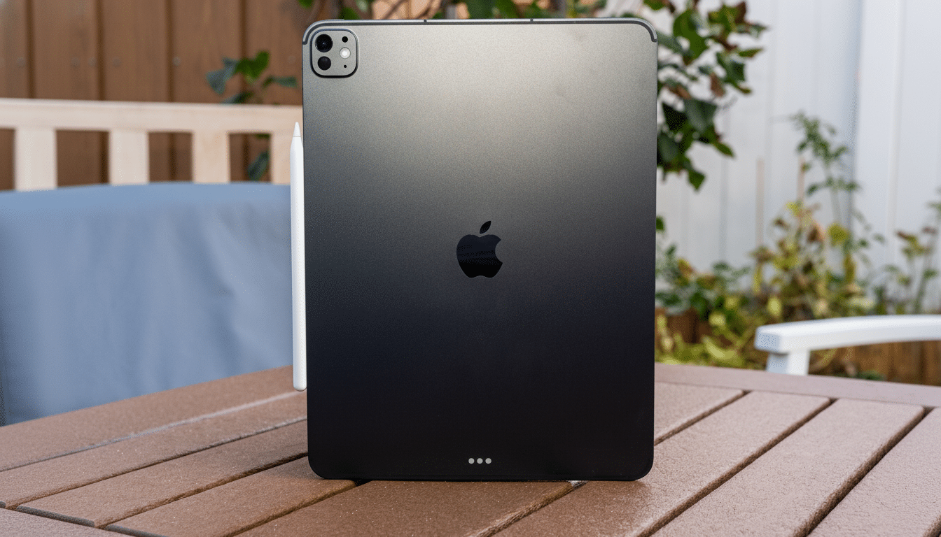 A dark gray iPad Pro with an Apple Pencil attached to its side, resting on a brown outdoor table.