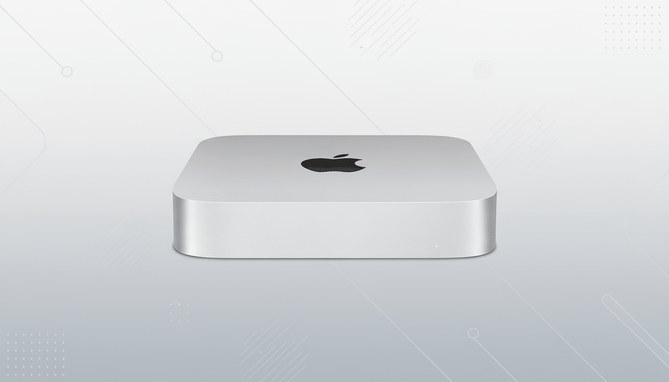 A silver Apple Mac Mini with a black Apple logo on top, centered on a professional light gray background with subtle geometric patterns.
