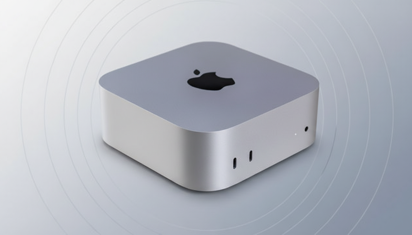 A silver Mac Mini with a black Apple logo on top, set against a professional flat design background with soft, concentric circle patterns.