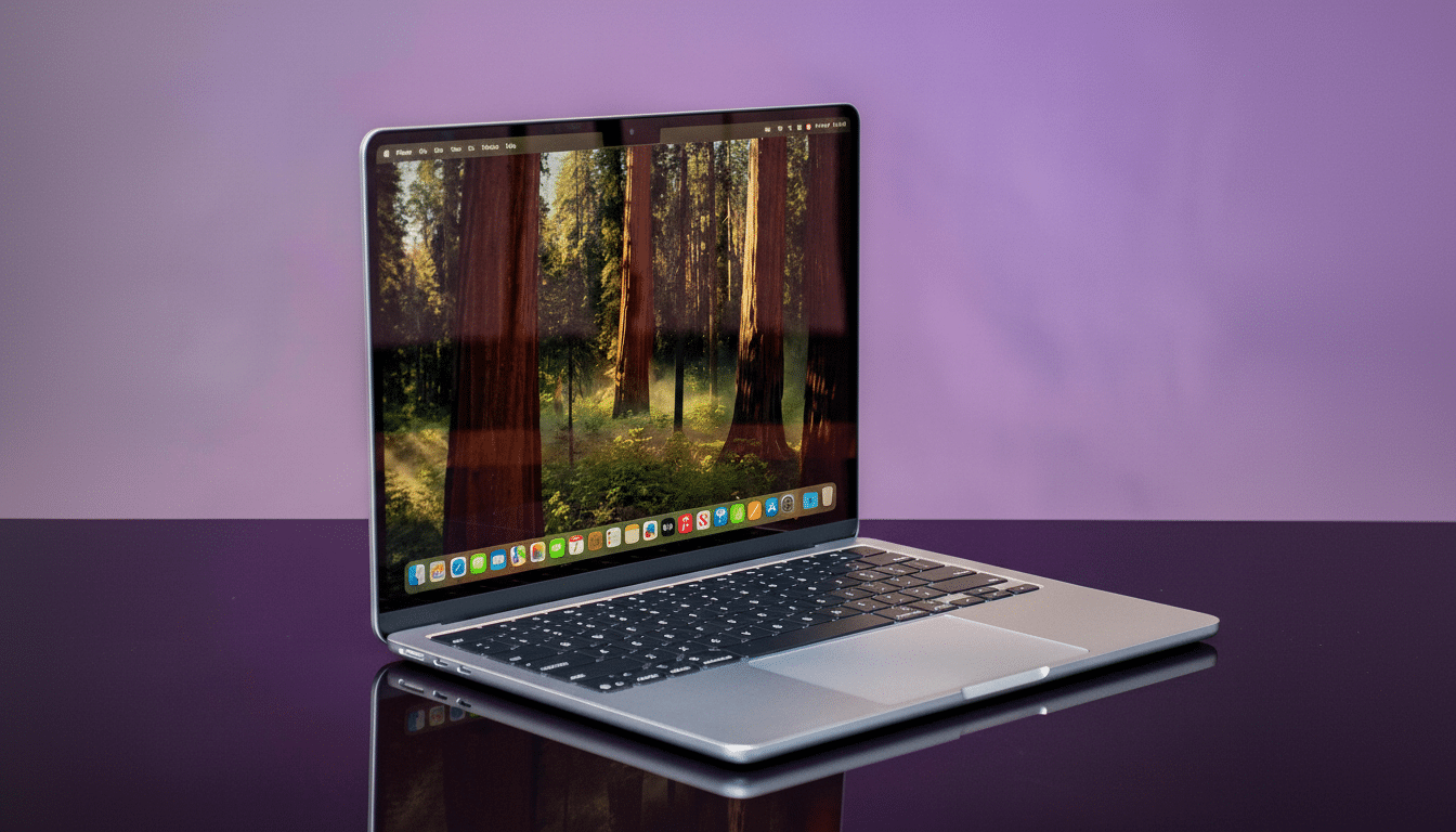 A silver MacBook Pro with a redwood forest screensaver, set against a purple background, resized to a 16:9 aspect ratio.