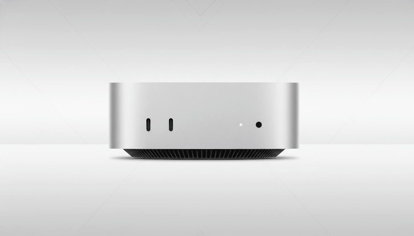 A silver Mac Studio desktop computer is centered on a white background with subtle geometric patterns, presented in a 16:9 aspect ratio.