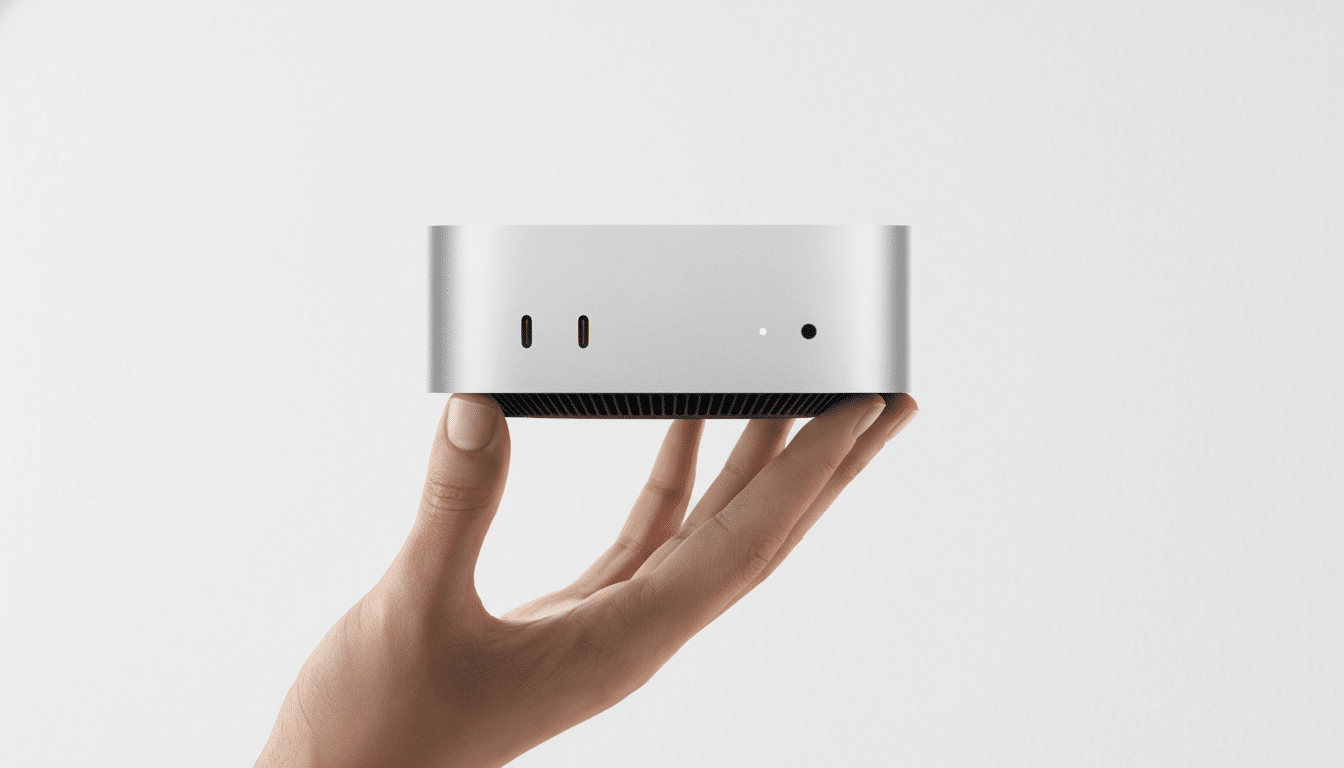 A hand holding a silver Mac Studio computer against a white background.