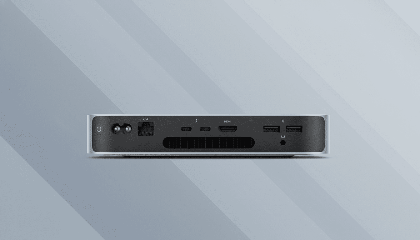 A Mac Mini is shown from the back, featuring various ports including power, Ethernet, USB-C, HDMI, USB-A, and a headphone jack, set against a professional flat design background with soft gray and white diagonal patterns.