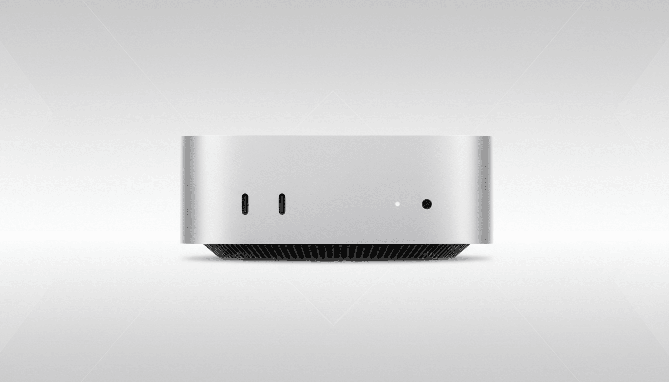 A silver Mac Studio desktop computer is centered on a light gray background with subtle geometric patterns. The front of the device shows two USB-C ports, a small white indicator light, and a power button.