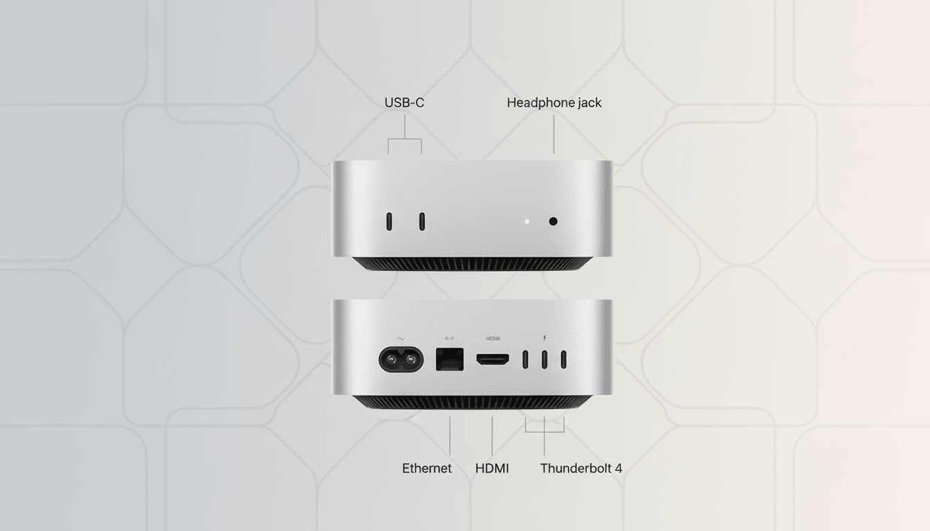 A professional image of a silver Mac Studio, showing the front and back ports with labels for USB-C, Headphone jack, Ethernet, HDMI, and Thunderbolt 4. The background is a soft gradient with subtle geometric patterns.
