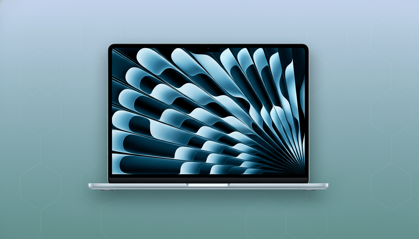 A silver laptop with a blue and black abstract design on its screen, set against a professional flat background with soft teal gradients and subtle hexagonal patterns.