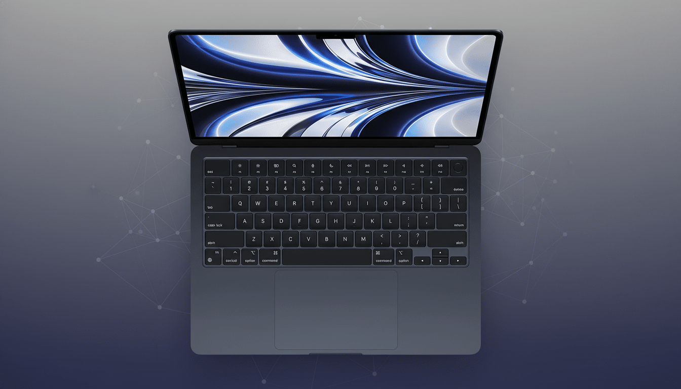 A dark blue laptop with a vibrant blue and white abstract wallpaper on its screen, set against a professional flat design background with soft patterns and gradients.