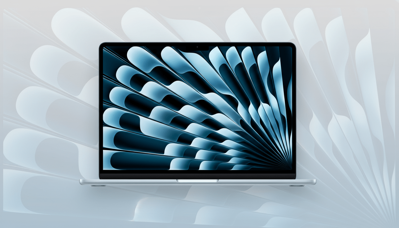 A silver laptop with a screen displaying a blue and black abstract design, set against a light gray background with a subtle, soft pattern.
