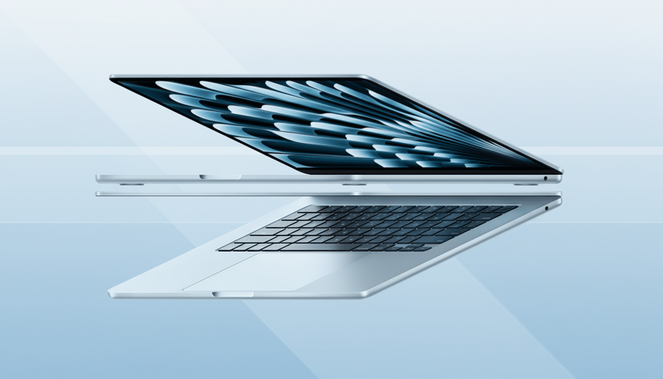 A light blue laptop with its screen open, displaying a blue and white abstract pattern, set against a professional light blue background with subtle horizontal lines.