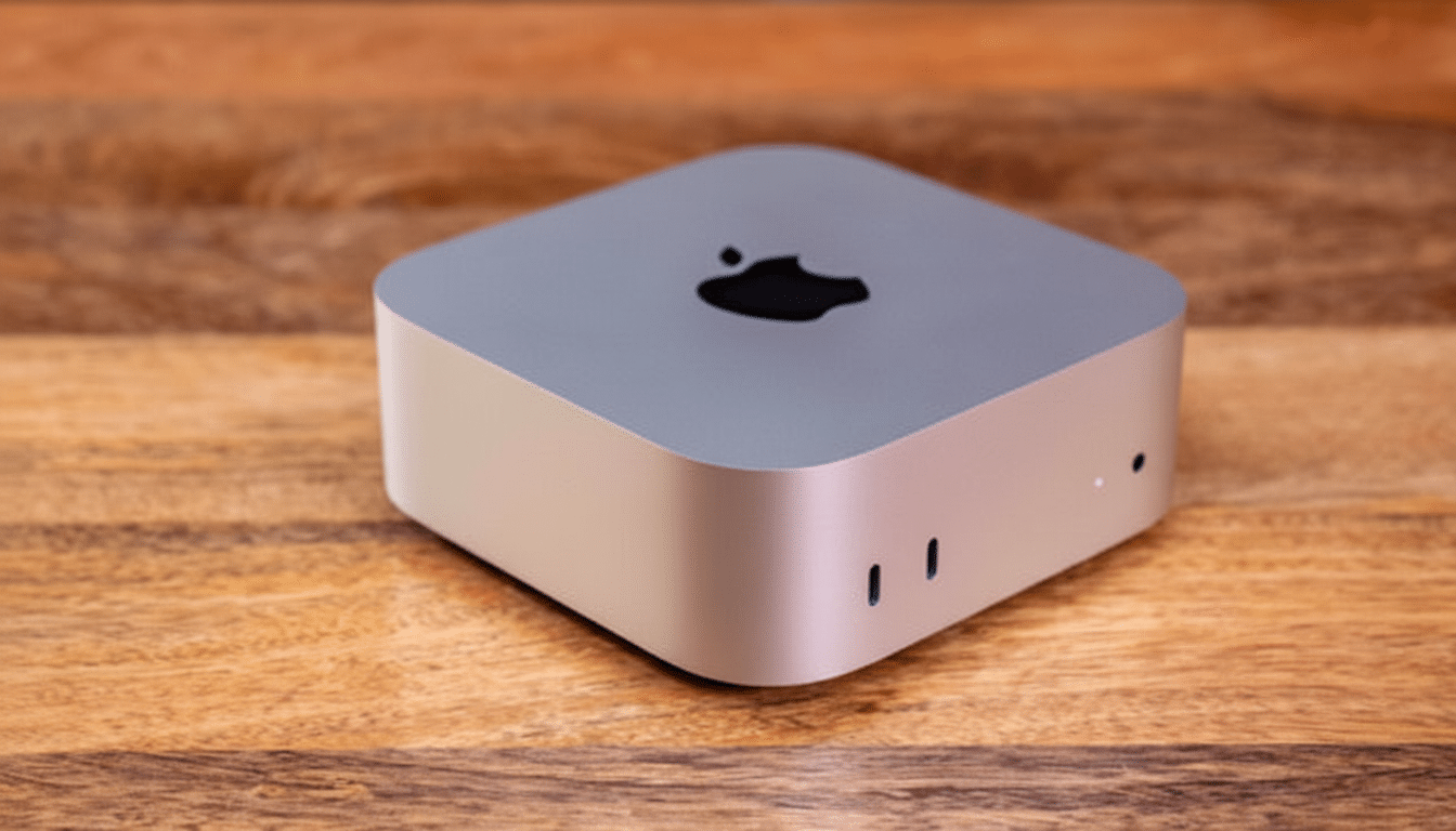 A silver Mac Mini computer with a black Apple logo on top, sitting on a wooden surface.